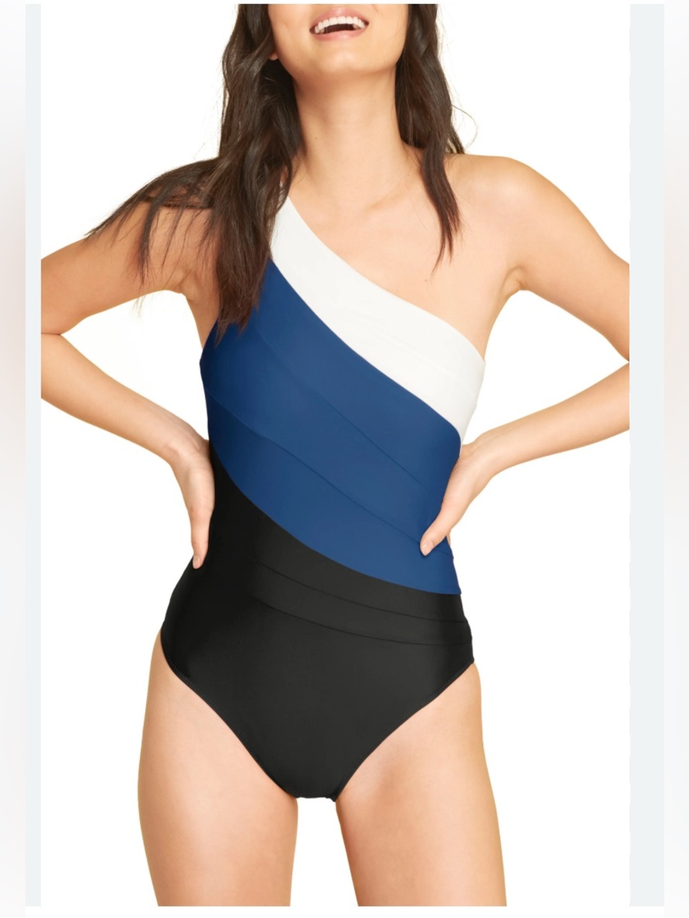 summersalt SIDESTROKE One-Shoulder Colorblock Swimsuit in Blue, White & Black